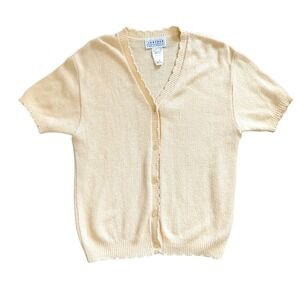 Vintage Butter Yellow Cotton Short Sleeve Cardigan Large Grandma Cottage Knit